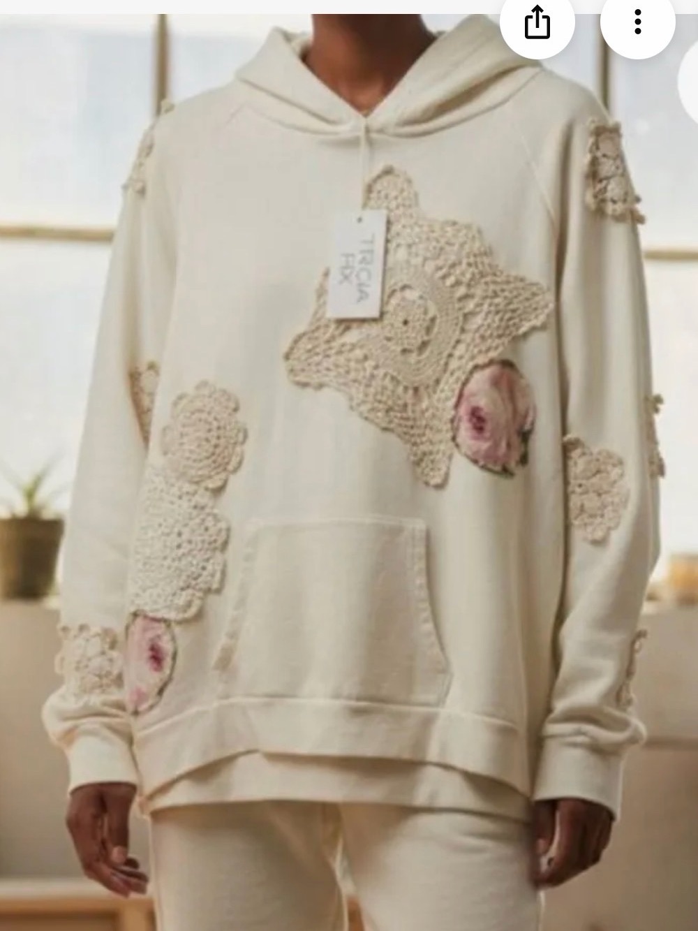 Tricia Fix Cream Hoodie with Crochet Appliqués and Pink Floral Details